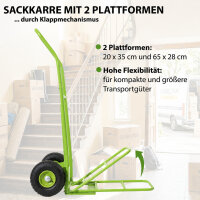 Sackkarre klappbar mit 2 Plattformen 200 kg Tragkraft grün Stahlrohrrahmen Paketsackkarre
