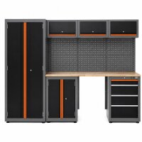 Werkstattwand 13-tlg. modulares Werkstattschranksystem aus Stahl mit Holzarbeitsplatte in orange
