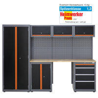 Werkstattwand 13-tlg. modulares Werkstattschranksystem aus Stahl mit Holzarbeitsplatte in orange