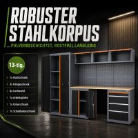 Werkstattwand 13-tlg. modulares Werkstattschranksystem aus Stahl mit Holzarbeitsplatte in orange