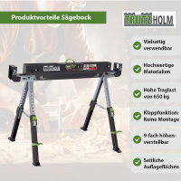 Sägebock 2.0 DELUXE 9-fach höhenverstellbar Klappbock aus Stahl Traglast 650 kg Arbeitsbock Werkbock