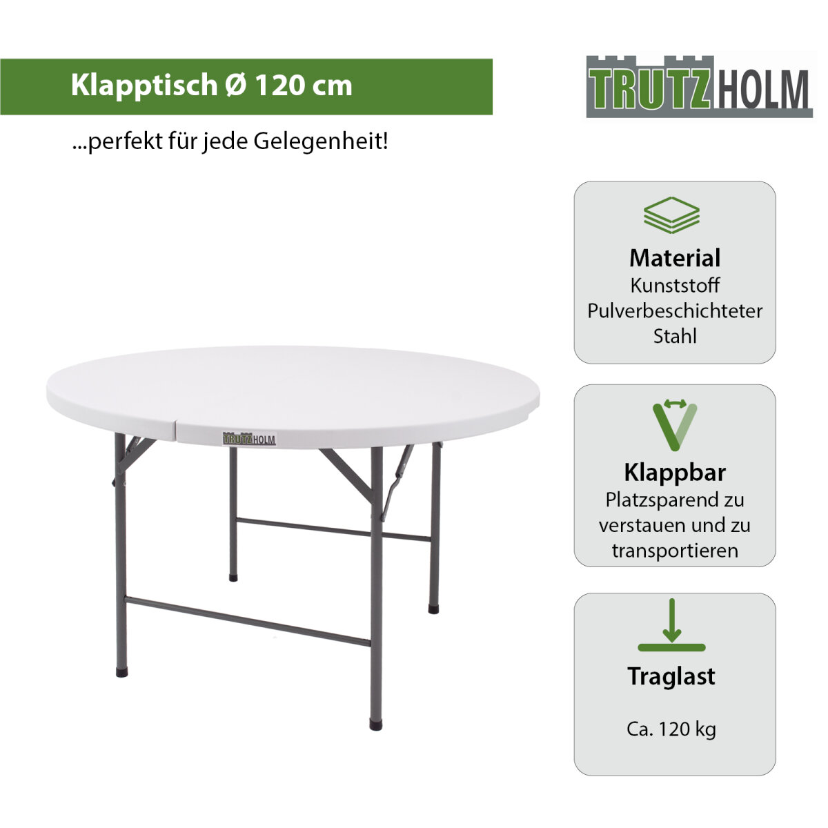 TRUTZHOLM Klapptisch rund Ø 120 cm Höhe 74 cm Kunststoff / Stahl pulv, 92,99 €