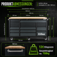 Werkstattwagen Deluxe XXL Anthrazit unbestückt 160 x 91 cm 20 Schubladen Werkbank Sideboard
