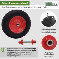 Schubkarrenrad pannensicher Vollgummi 4.80/4.00-8 rot/schwarz + Achse Ersatzrad Reifen PU