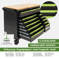 Werkstattwagen Star XL unbestückt 103 x 112 cm Stahl schwarz/grün 12 Schubladen Hartholzplatte