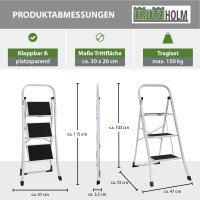 Trittleiter 3-stufig klappbar TÜV/GS 150 kg Anti-Rutsch Trittflächen Klapptritt Leiter in weiß