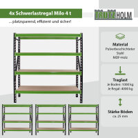 4x Industrieregal Milo 200x190x60cm steckbar, erweiterbar 4 Ebenen 4 Tonnen Schwerlastregal Regal