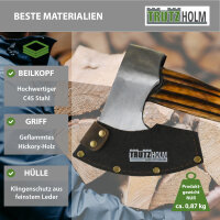 Beil Vintage Stahl Hickoryholz geflammt 500 g Kopf 320 mm lang inkl. Klingenschutz aus Leder