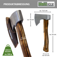 Beil Vintage Stahl Hickoryholz geflammt 500 g Kopf 320 mm lang inkl. Klingenschutz aus Leder