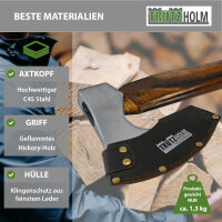 Axt Vintage Stahl Hickoryholz geflammt 850 g Kopf 700 mm lang inkl. Klingenschutz aus Leder