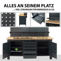 Werkstattwand Profiline XL 200 x 73 cm Stahl massive Holzarbeitsplatte LED Steckdosen Lochwand