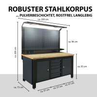 Werkstattwand Profiline XL 200 x 73 cm Stahl massive Holzarbeitsplatte LED Steckdosen Lochwand