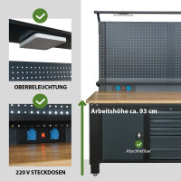 Werkstattwand Profiline XL 200 x 73 cm Stahl massive Holzarbeitsplatte LED Steckdosen Lochwand
