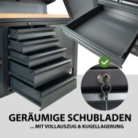 Werkstattwand Profiline XL 200 x 73 cm Stahl massive Holzarbeitsplatte LED Steckdosen Lochwand