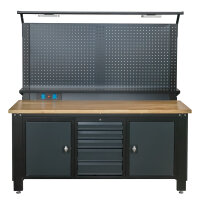 Werkstattwand Profiline XL 200 x 73 cm Stahl massive Holzarbeitsplatte LED Steckdosen Lochwand
