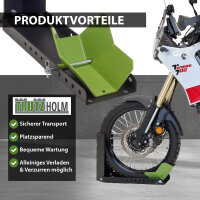 Motorradwippe Stahl 10-fach verstellbar Radgröße 8-24 Zoll Reifenbreite bis 145 mm schwarz/grün