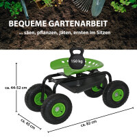 Gartenscooter mit Ablage Stahl 150 kg Sitzhöhe 44-52 cm Sitz 360° drehbar Lufträder in Schwarz-grün