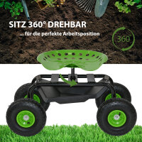 Gartenscooter mit Ablage Stahl 150 kg Sitzhöhe 44-52 cm Sitz 360° drehbar Lufträder in Schwarz-grün