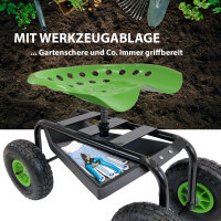 Gartenscooter mit Ablage Stahl 150 kg Sitzhöhe 44-52 cm Sitz 360° drehbar Lufträder in Schwarz-grün