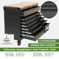 Werkstattwagen Star XL unbestückt 103 x 112 cm Stahl schwarz/grau 12 Schubladen Hartholzplatte