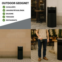 Abfalleimer mit Aschenbecher 30 L Schwarz Metall pulverbeschichtet Mülleimer Aschenbecher 2 in 1