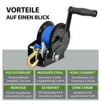 Gurtwinde 540 kg Gurtlänge 10 m Gurtbreite 5 cm mit Lasthaken Sperrhebel Handkurbel ergonomisch