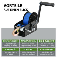 Gurtwinde 1133 kg Gurtlänge 10 m Gurtbreite 5 cm mit Lasthaken Sperrhebel Handkurbel ergonomisch