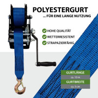 Gurtwinde 1360 kg Gurtlänge 10 m Gurtbreite 5 cm mit Lasthaken Sperrhebel Handkurbel ergonomisch