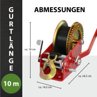 Gurtwinde 1600 kg Gurtlänge 10 m Gurtbreite 5 cm mit Lasthaken Sperrhebel Handkurbel ergonomisch
