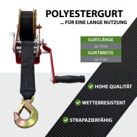 Gurtwinde 1600 kg Gurtlänge 10 m Gurtbreite 5 cm mit Lasthaken Sperrhebel Handkurbel ergonomisch