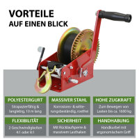 Gurtwinde 1600 kg Gurtlänge 10 m Gurtbreite 5 cm mit Lasthaken Sperrhebel Handkurbel ergonomisch