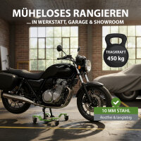Rangierhilfe für Motorrad mit Hauptständer Tragkraft 450 kg Rangierplatte flach 360° schwenkbar grün