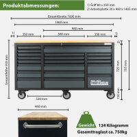 Werkstattwagen Deluxe XXL 160x91cm 20 Schubladen gefüllt 254tlg CRV Anthrazit Werkzeugwagen Hartholz