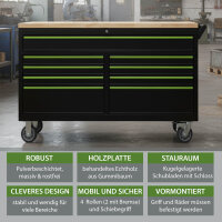 Werkstattwagen Star XXL 163 x 97 cm Arbeitsplatte Gummibaumholz 9 Schubladen kugelgelagert Werkbank