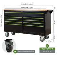 Werkstattwagen Star XXL 163 x 97 cm Arbeitsplatte Gummibaumholz 9 Schubladen kugelgelagert Werkbank
