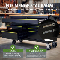 Werkstattwagen Star XXL 163 x 97 cm Arbeitsplatte Gummibaumholz 9 Schubladen kugelgelagert Werkbank
