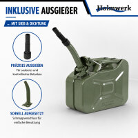 1x Benzinkanister Kraftstoffkanister Metall 10 Liter Oliv inkl. Ausgießer + Halter UN Zulassung