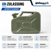 1x Benzinkanister Kraftstoffkanister Metall 10 Liter Oliv inkl. Ausgießer + Halter UN Zulassung