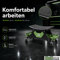 Werkstattsitz Rollsitz bis 150 kg mit Werkzeugablage, 4 Rollen & 2 Bremsen, 66x32,5x35 cm