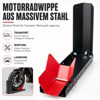 Motorradwippe 8–24 Zoll – für Anhänger & Transport, 90–145 mm Reifenbreite, 10-fach verstellbare Vorderradwippe, Stahl 450 kg – Schwarz/Rot