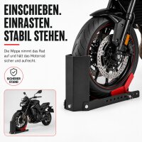 Motorradwippe 8–24 Zoll – für Anhänger & Transport, 90–145 mm Reifenbreite, 10-fach verstellbare Vorderradwippe, Stahl 450 kg – Schwarz/Rot