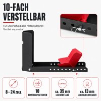 Motorradwippe 8–24 Zoll – für Anhänger & Transport, 90–145 mm Reifenbreite, 10-fach verstellbare Vorderradwippe, Stahl 450 kg – Schwarz/Rot