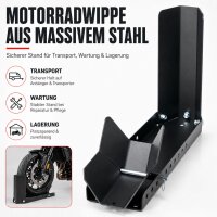 Motorradwippe 8–24 Zoll – für Anhänger & Transport, 90–145 mm Reifenbreite, 10-fach verstellbare Vorderradwippe, Stahl 450 kg – Schwarz/Schwarz