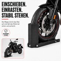 Motorradwippe 8–24 Zoll – für Anhänger & Transport, 90–145 mm Reifenbreite, 10-fach verstellbare Vorderradwippe, Stahl 450 kg – Schwarz/Schwarz