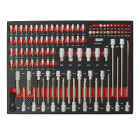 6x Werkstatteinlagen 520 x 400 mm bestückt mit 254 Teilen Chrom-Vanadium Werkzeug rot