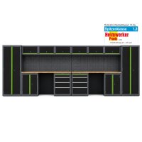 2x Werkstattwand 13-tlg. modulares Werkstattschranksystem aus Stahl mit massiver Holzarbeitsplatte grün
