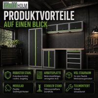 2x Werkstattwand 13-tlg. modulares Werkstattschranksystem aus Stahl mit massiver Holzarbeitsplatte grün