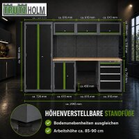 2x Werkstattwand 13-tlg. modulares Werkstattschranksystem aus Stahl mit massiver Holzarbeitsplatte grün