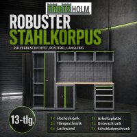 2x Werkstattwand 13-tlg. modulares Werkstattschranksystem aus Stahl mit massiver Holzarbeitsplatte grün