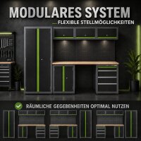 2x Werkstattwand 13-tlg. modulares Werkstattschranksystem aus Stahl mit massiver Holzarbeitsplatte grün
